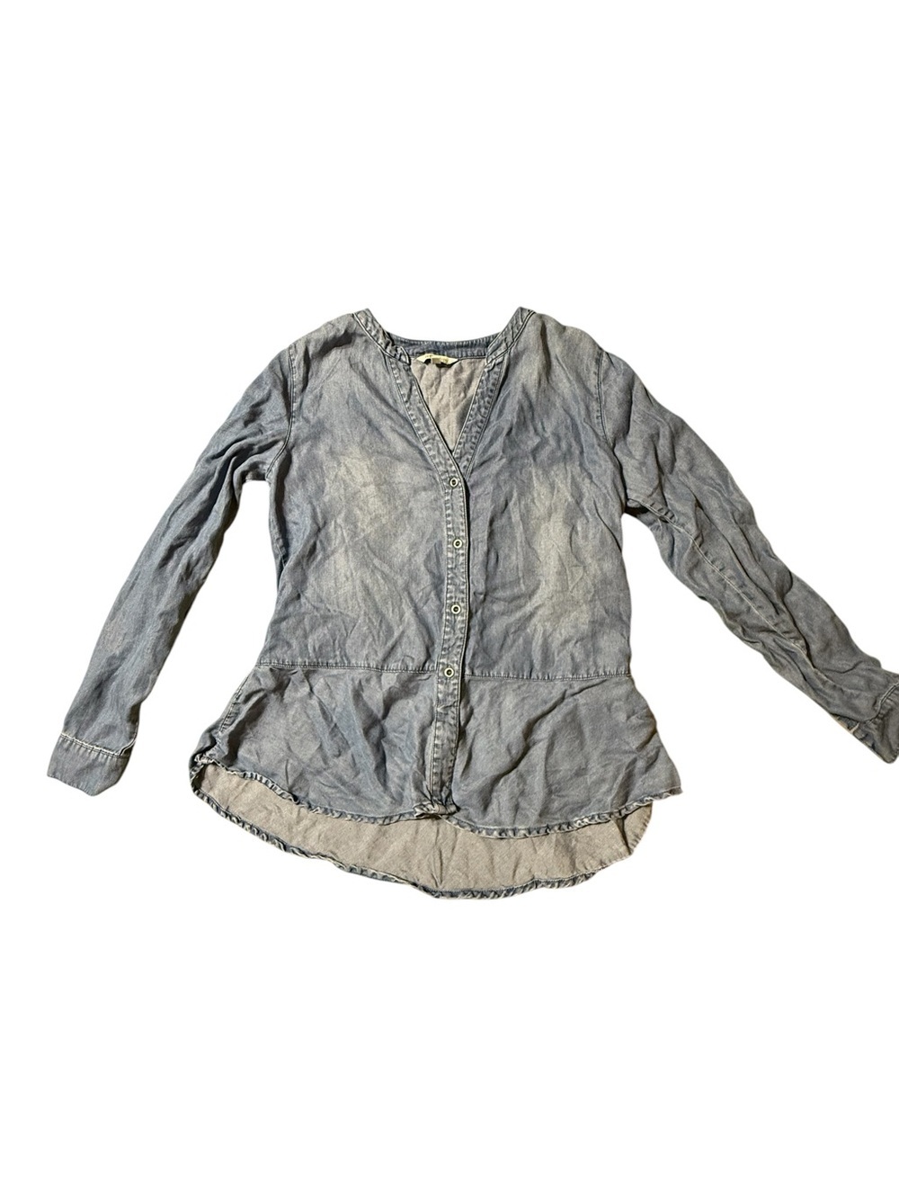 reCreation Small Blue Denim Peplum Top Button Down Long Sleeve Light Wash